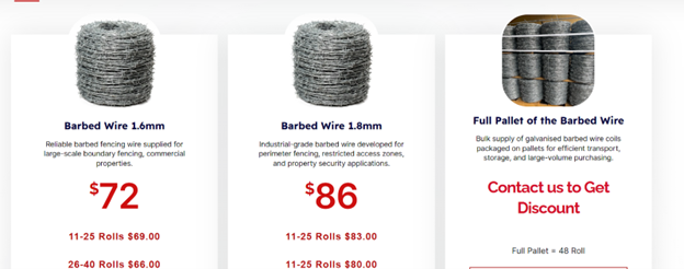 Barbed wire roll options showing 1.6mm and 1.8mm wire thickness with bulk pricing and full pallet discount offers