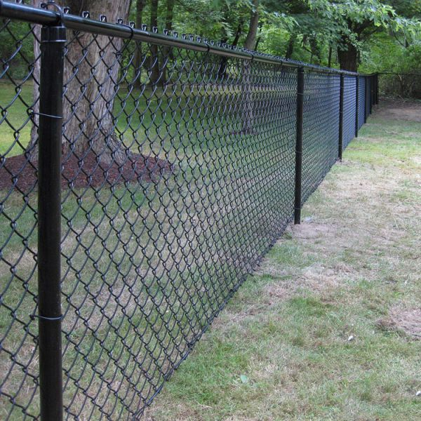 Long black chain wire fence installed along a grassy boundary line for property security