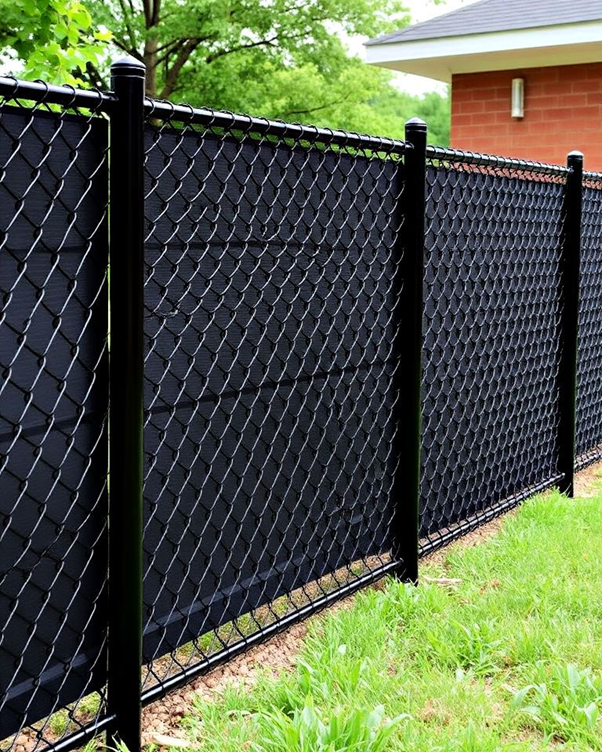 Black chain wire fence with privacy mesh installed along a residential yard boundary